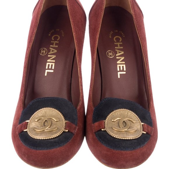 CHANEL Shoes - Chanel CC Logo Coin Suede Wedge Pumps
